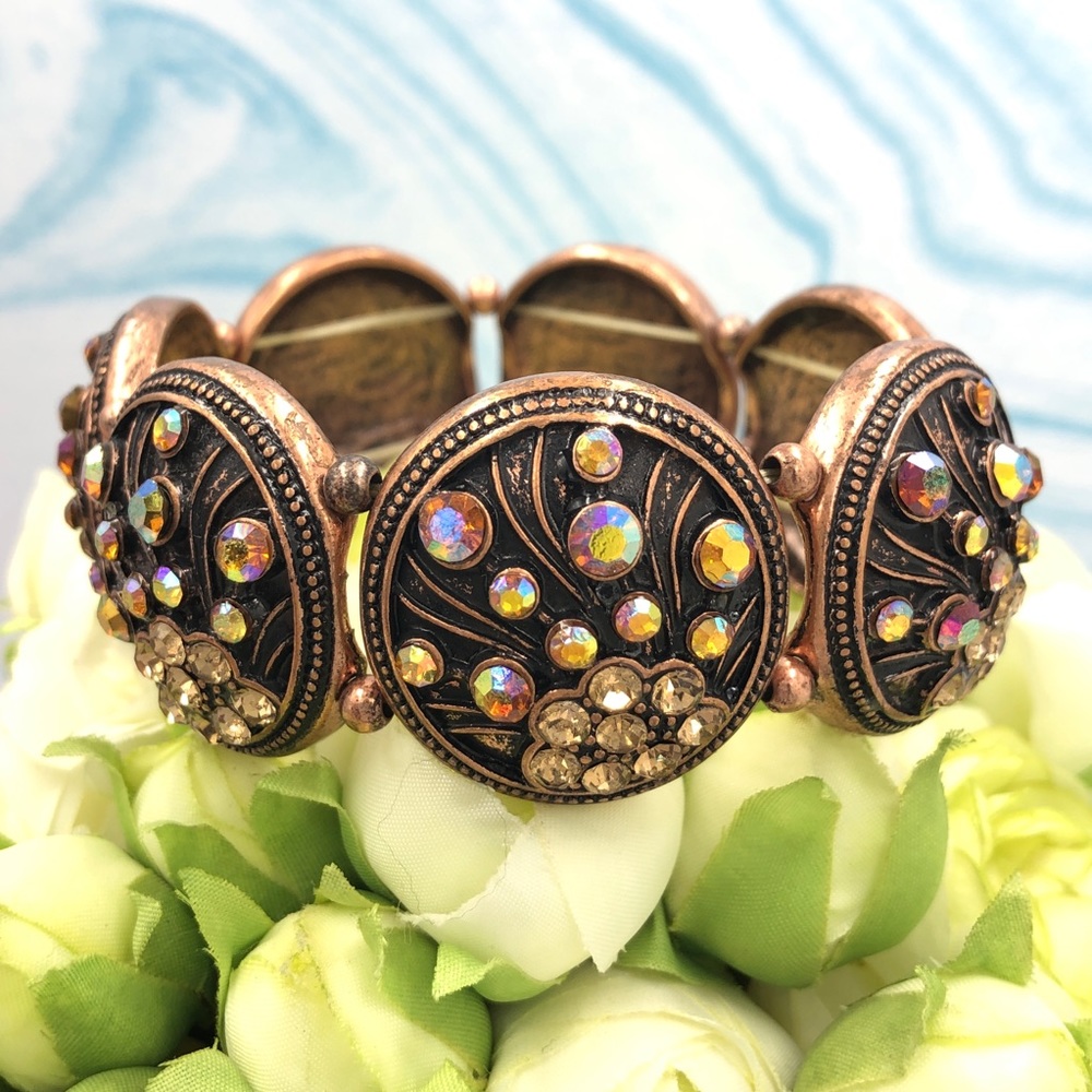 Copper Tone Brown AB Rhinestone Stretch Fancy Bling Bracelet